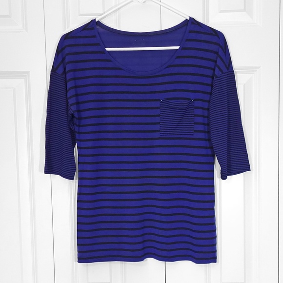 Calvin Klein Blue Black Striped Tee Shirt 3/4 Sleeve Flowy Top Size Small - Picture 1 of 6
